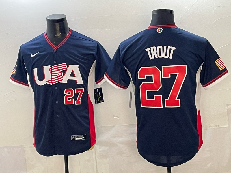 Men 2026 World Cub USA #27 Trout blue Nike MLB Jersey 024